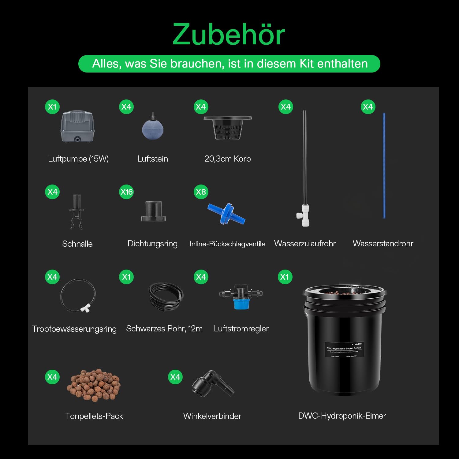 VIVOSUN DWC Hydrokultur-Wachstumssystem, 1,7 l tiefe Wasserkultur, Umlufttropfsystem mit Mehrzweck-Luftschlauch, Luftpumpe und Luftstein (4 Eimer + Top Drip Kit)