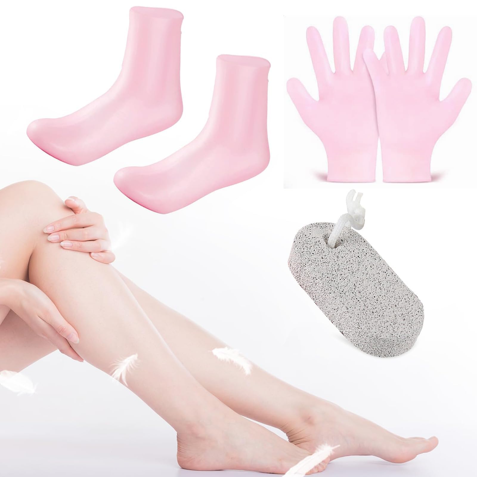 RAYRIT 5 Pcs Long Moisturizing Silicone Socks&Gloves with Feet Pedicure Tools, Gel Heel Anti Slip SPA Socks for Women Dry Cracking Skin Hand and Foot Care (Pink, 5)