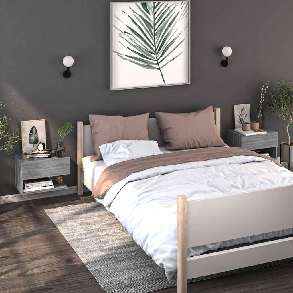 Naścienne stoliki nocne 2 szt. szare Sonoma z materiału drewnopochodnego, 46 x 29,5 x 30 cm, wiszące, nośność 50 kg, szafka nocna do sypialni, salonu, korytarza, miejsca do przechowywania