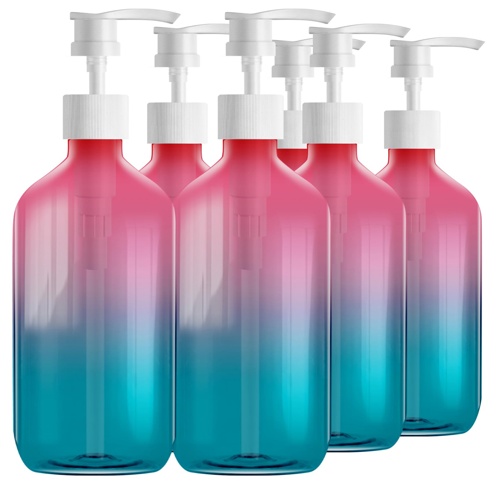 Empty Gradient Color Plastic Bottles with Pump Dispenser and 6pcs Labels Included, Refillable Travel Containers for Shampoo, Lotion, Hand Sanitizer & More, 500ml/16.9oz (6 Pack)