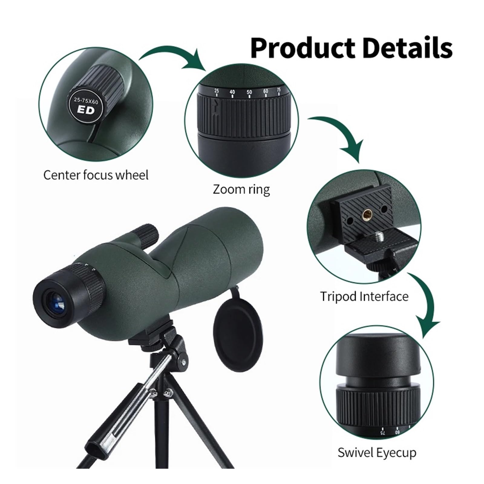 Lunette D'observation Zoom 25-75x60, Lentille Ed, Puissant Télescope Monoculaire À Prisme Bak4 for Le Camping en Plein Air, L'observation des Oiseaux Et Le Tir Facile à Utiliser(Black)