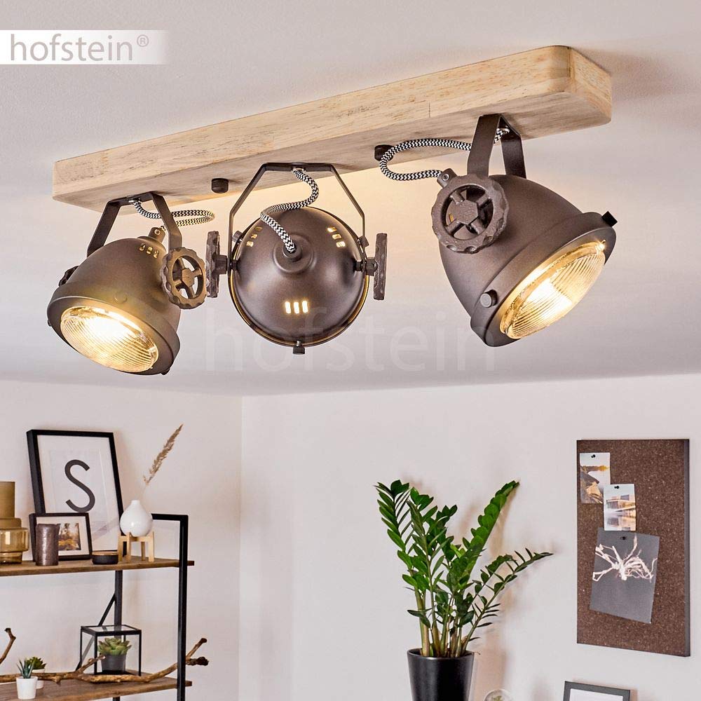 HOFSTEIN Deckenleuchte Herford, verstellbare Deckenlampe aus Metall/Holz/Glas in Natur/Braun/Klar, Leuchte im Industrial/Retro/Vinntage-Design, 3 x GU10, Esszimmmer, Schlafzimmer, Wohnzimmer, Küche