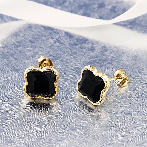 Gem Stone King 18K Gold Plated Sterling Silver Flower Shape Clover Designs Black Onyx Diamond Cut Stud Earrings For Women4