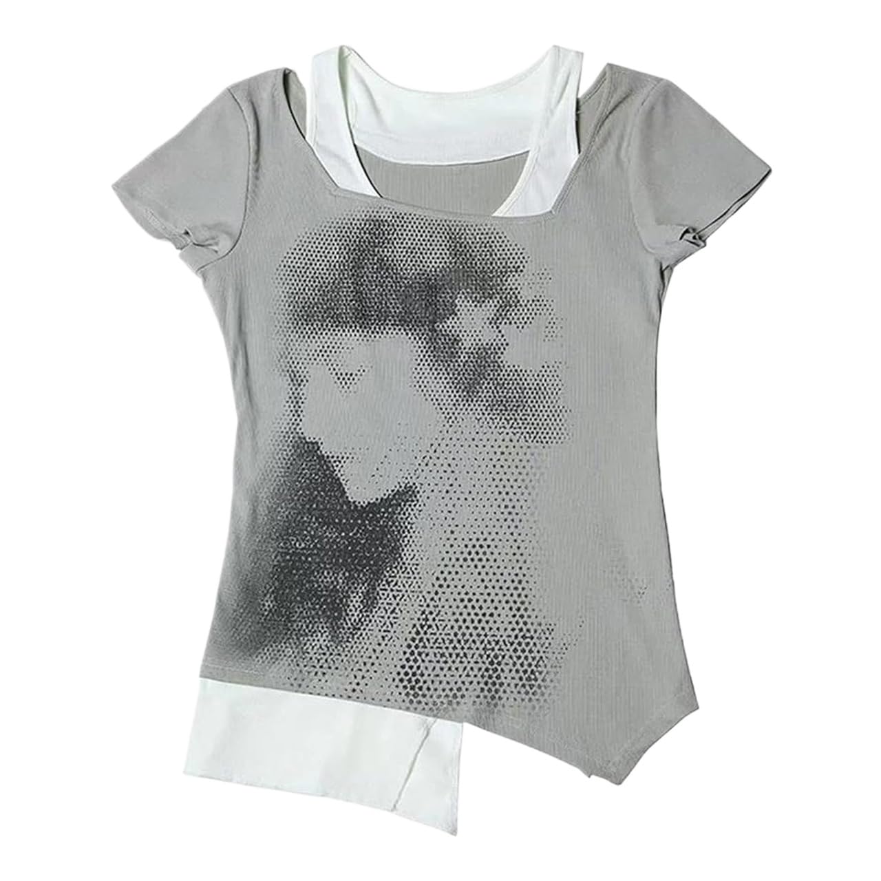 Emo Grunge Shirts Women 2000s Graphic Baby Tees Fake Two Piece Short Sleeve Vintage Y2k Crop Top Goth Alt Clothes