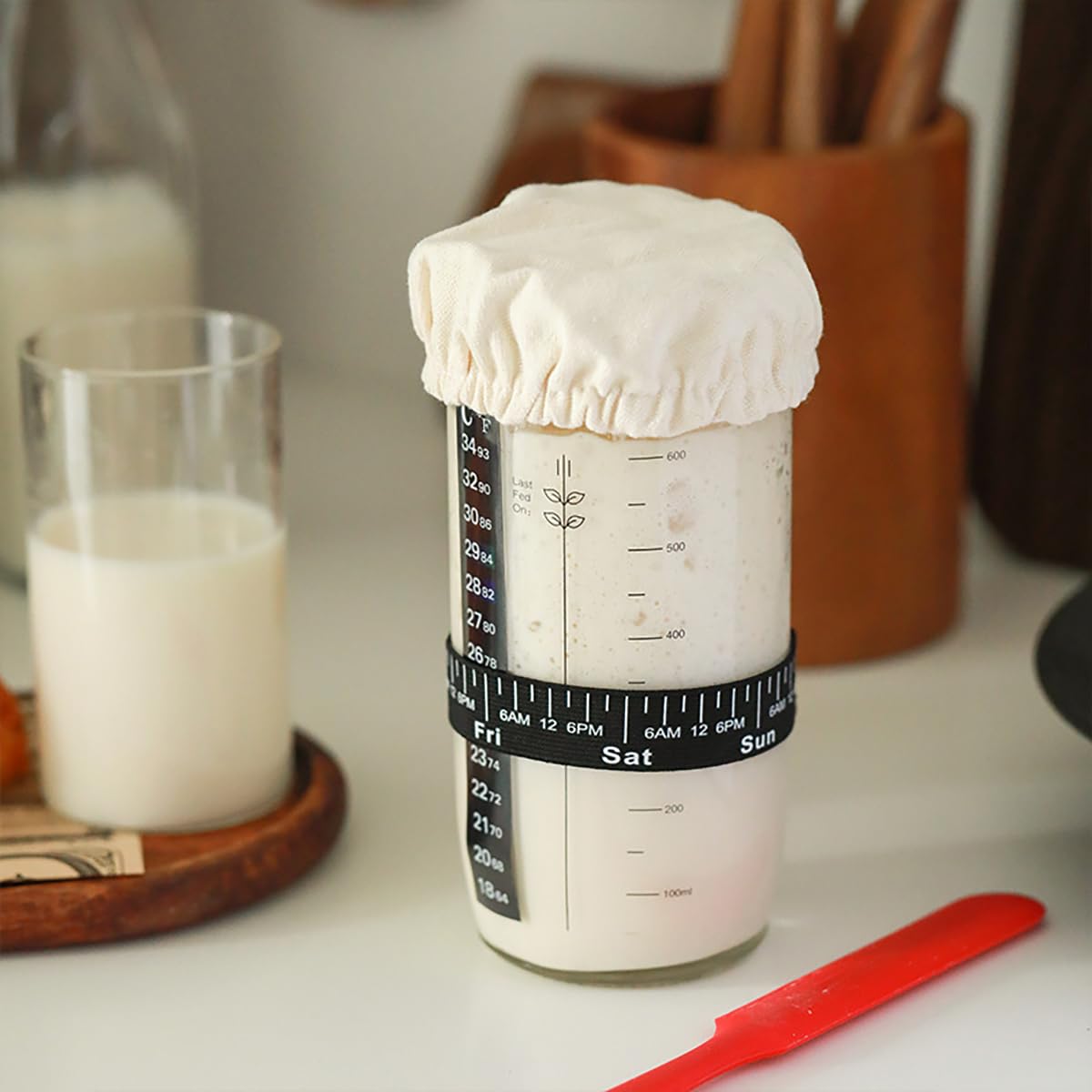 Kit de iniciación de masa madre, tarro de fermentación 730 ml, vidrio, espátula, termómetro, funda de tela, tapa metálica