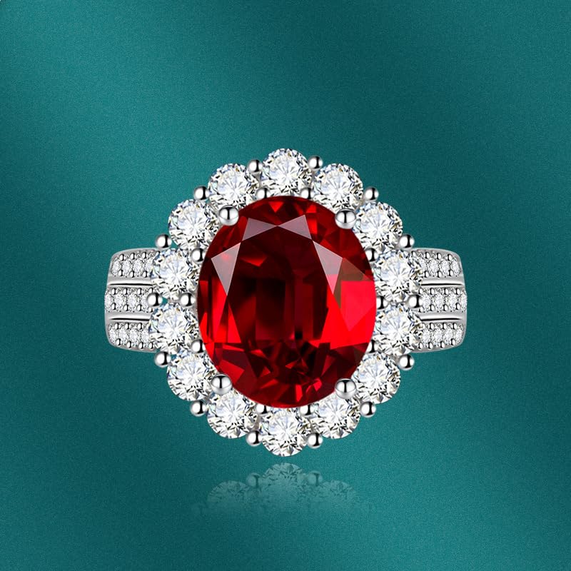 FLYYQMIAO Luxury Oval Cut Imitation Gemstone Engagement Ring 925 Sterling Silver Created Gemstone Birthstone Ring Double Halo Solitaire Wedding Rings for Women Bridal Open Adjustable Ring(red)3