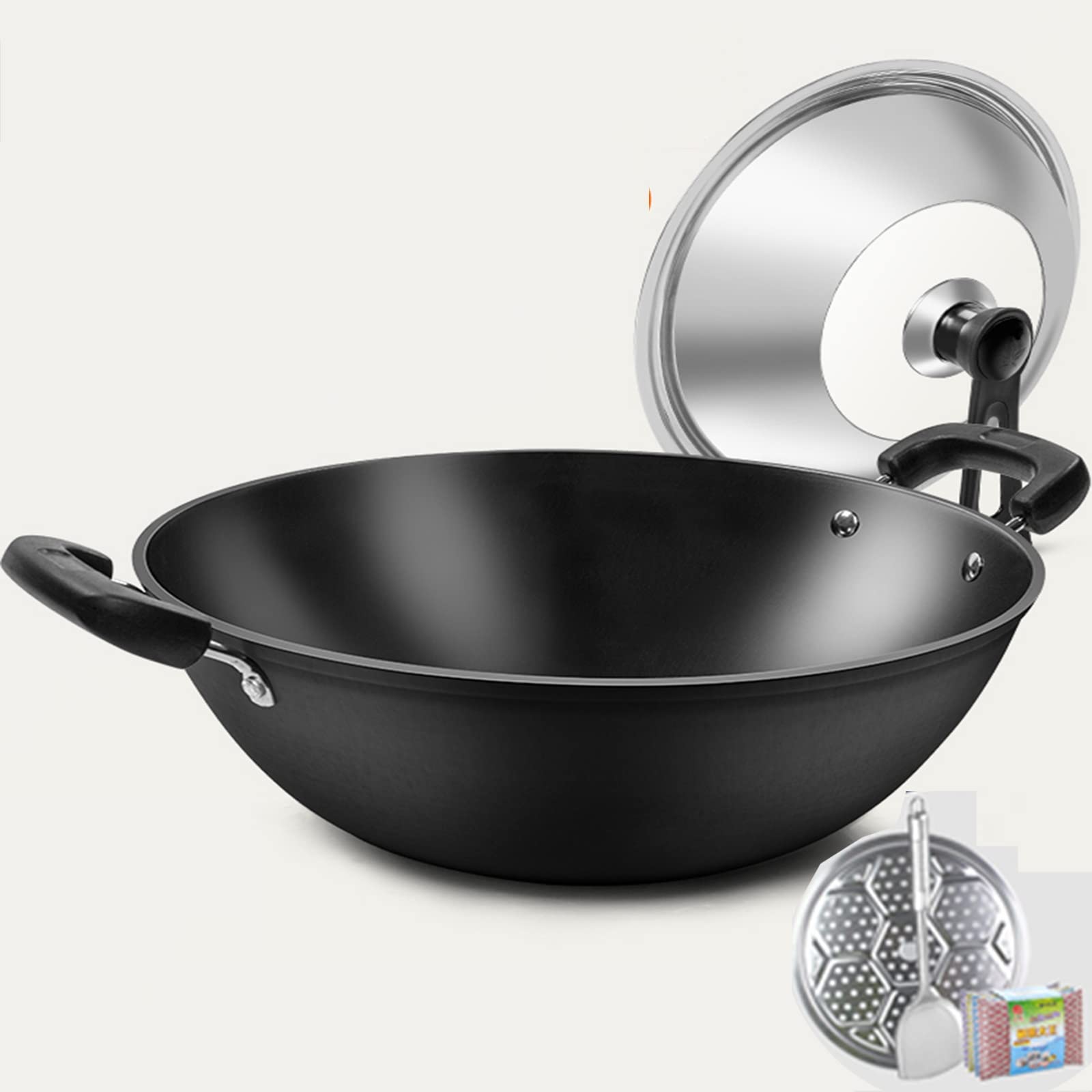 IMPREC Sartén De Inducción, Sartén Wok De Acero Al Carbono Wok De Fondo Planos con Tapa Wok De Acero Al Carbono For Estufas Eléctricas De Inducción Y Gas (Color : Noir, Size : 30x12cm)