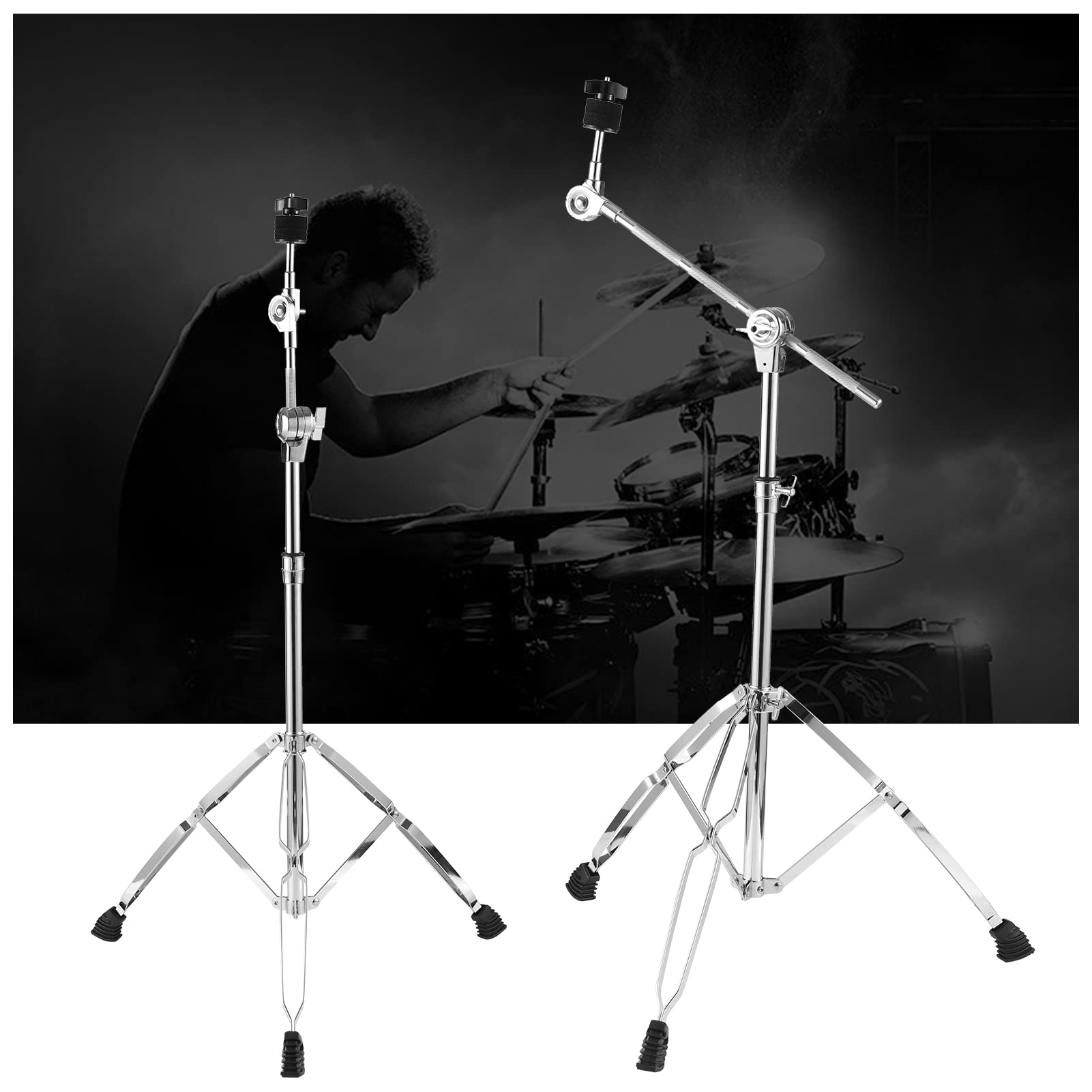 Supporto per piatti dritto e asta per piatti, gambe a doppio rinforzo in altezza e angolazione regolabili, supporto per batteria, supporto per piatti, supporto per piatti resistente, con