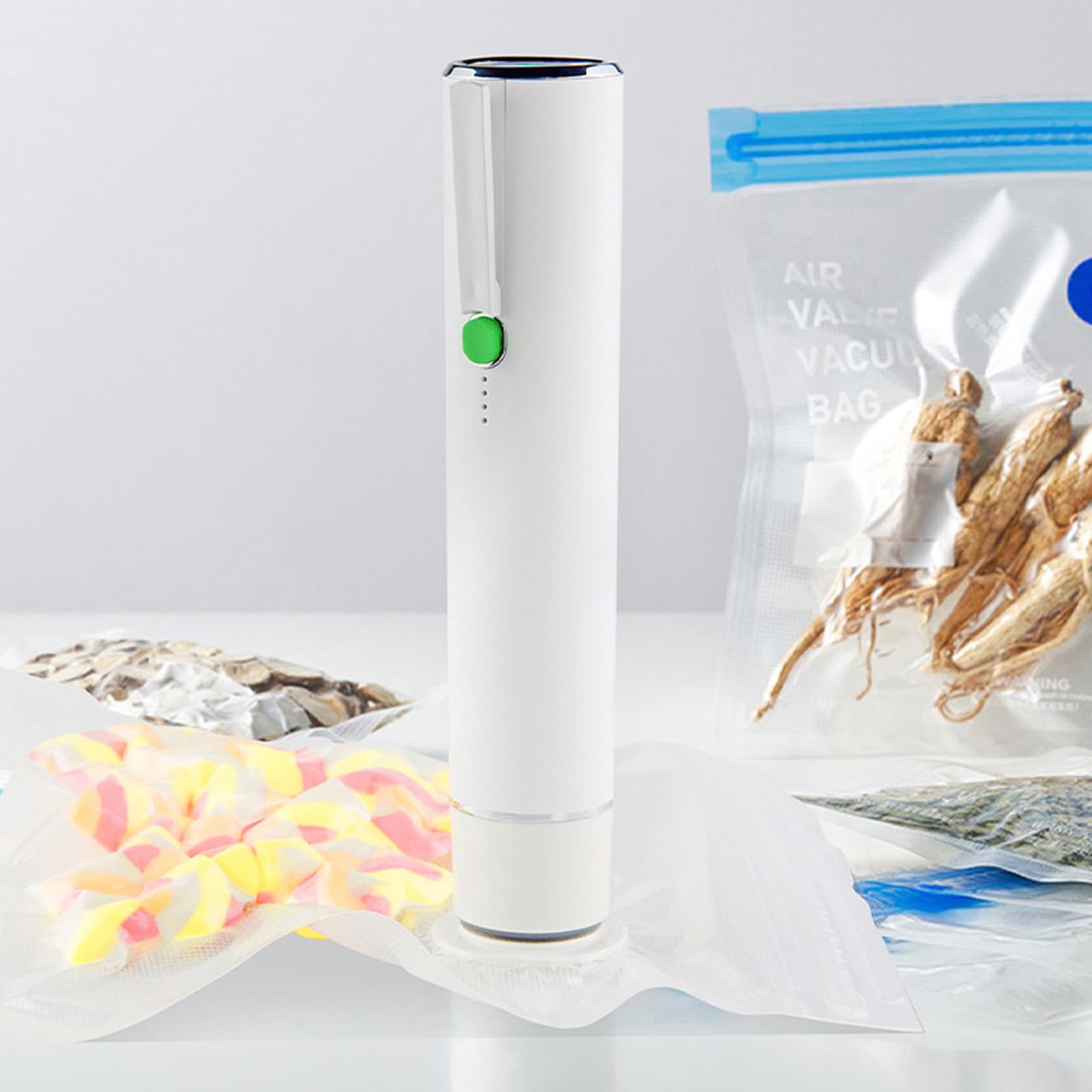 Envasadora al vacío portátil para alimentos con 30 bolsas de vacío, batería de 1200 mAh, puerto de carga tipo C, ABS, 55 – 65 kPa fuerza de succión, sellado fresco con solo pulsar un botón