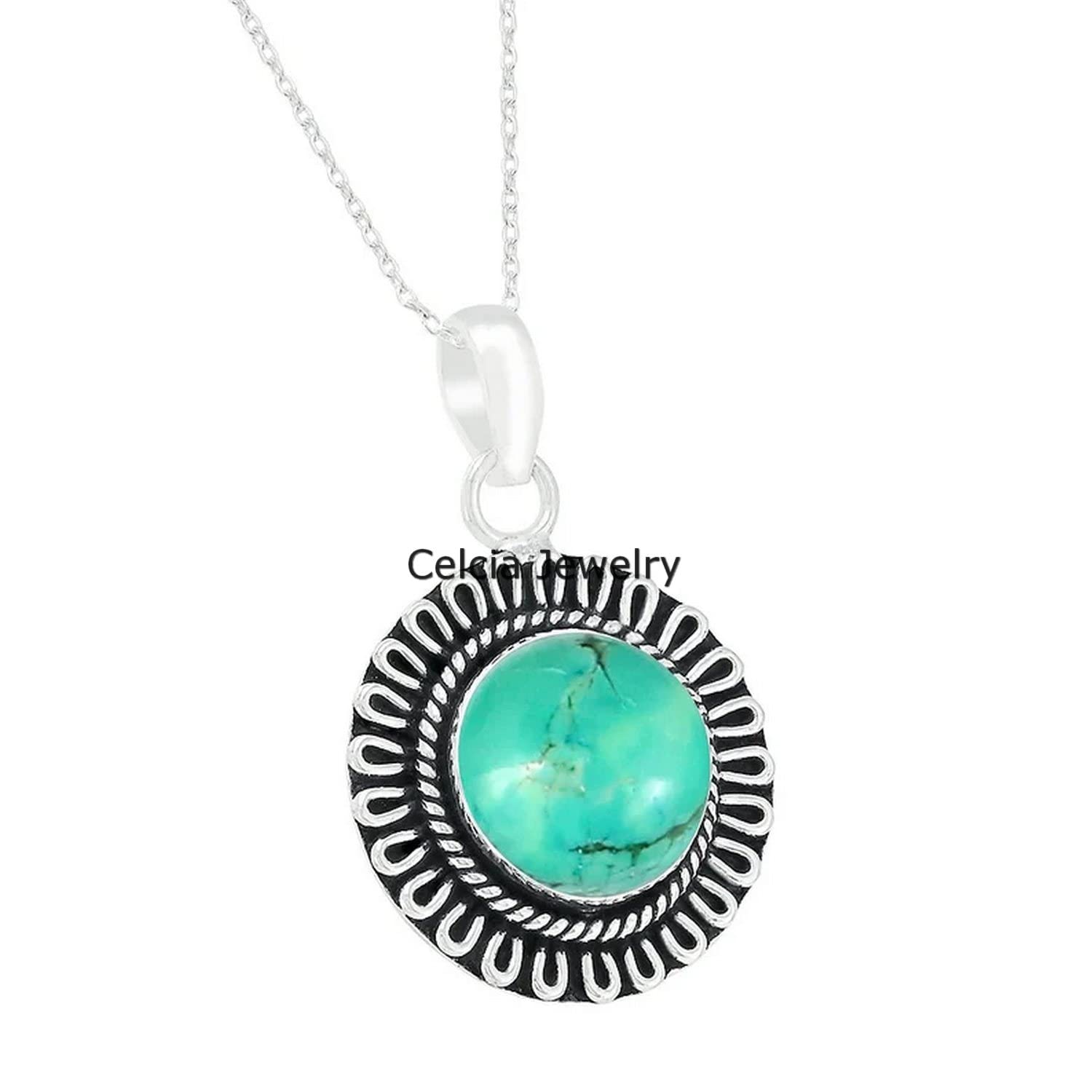 Collana in argento sterling 925 massiccio per donna, pietra preziosa turchese blu tonda genuina, regalo unico fatto a mano con pietra natale di dicembre per lei