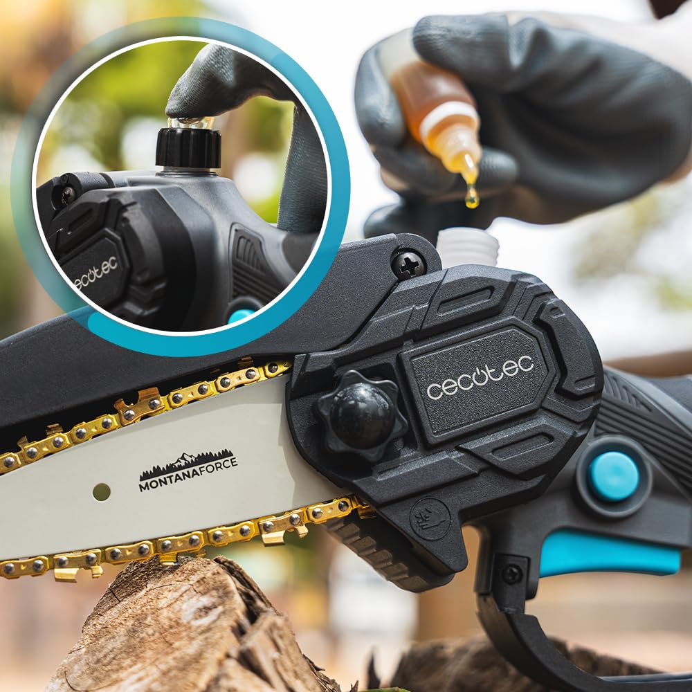 Cecotec Sierra de Podar 4" a Batería 21V MontanaForce 4000 Hand. 400W, Velocidad 25000rpm, Engrasador a Botón, Incluye 2 Baterías Nexus, Maletín, Cadena de Repuesto y Accesorios