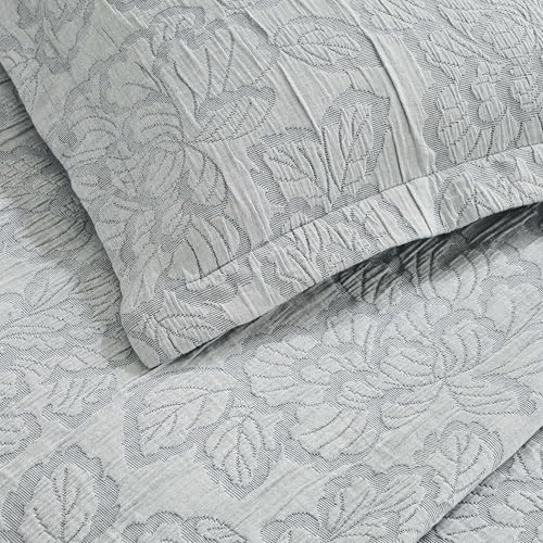 Superior 3 Piece Cotton Bedspread Set, Home Bed Decor, Decorative Bed Spread, 2 Pillow Shams, Medium Weight Blanket, Matelasse Coverlet, Bedding Essentials, Hibiscus Collection, Queen, Grey