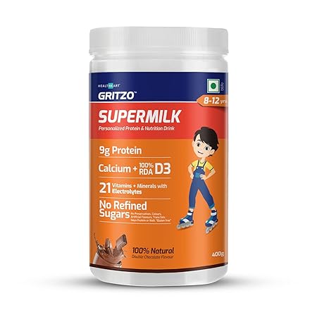 Gritzo SuperMilk 8-12 y (Young Athletes), Health Drink for Kids, High Protein (9 g) with Calcium + D3, 21 Vitamins & Minerals, Zero Refined Sugar, 100% Natural Double Chocolate, 400 g