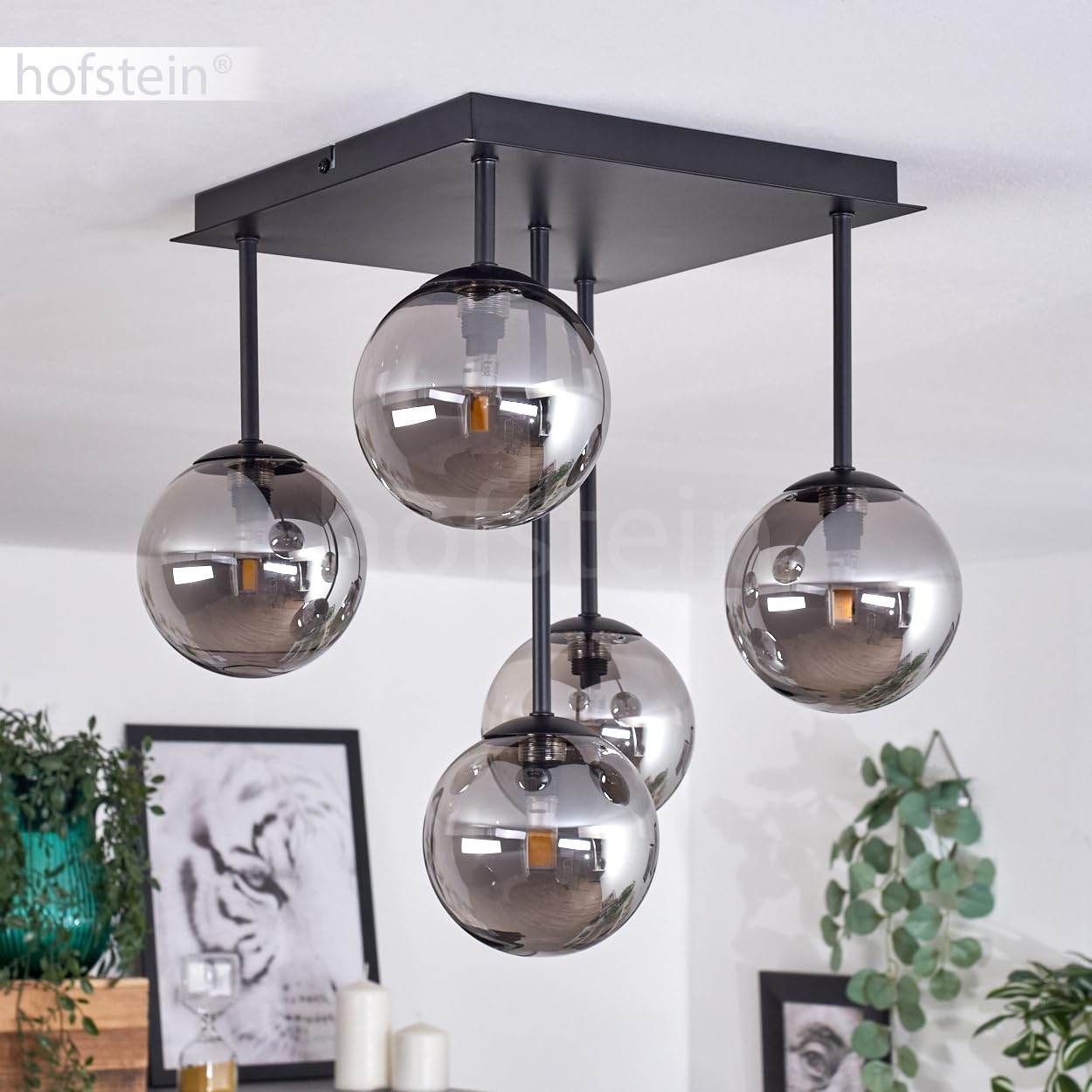 HOFSTEIN Plafonnier Chehalis, lampe de plafond en métal/verre noir/fumée, luminaire au design rétro/vintage avec abat-jour en verre (Ø 12 cm), 5 x G9 LED, sans ampoules