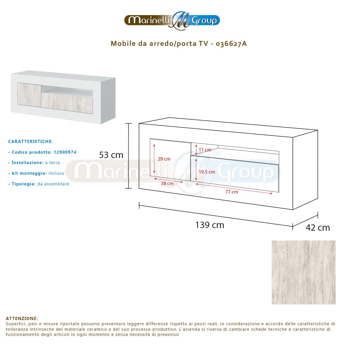 MarinelliGroup Mobile porta TV moderno soggiorno salotto camera letto BIANCO ARTICO 139 X 42 X 53 cm - 036627A
