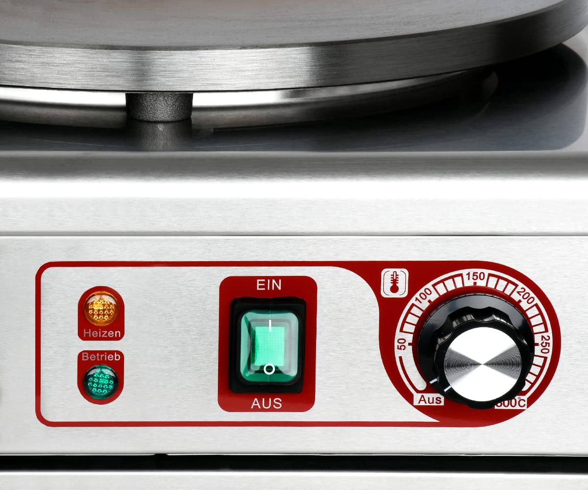 Beeketal 'BC40-1' Gastro Crepes Maker mit Ø 400 mm Gusseisen Crepesplatte, 50-300 °C stufenlos einstellbar, Profi Crepiere im Edelstahl Gehäuse mit extra Schublade
