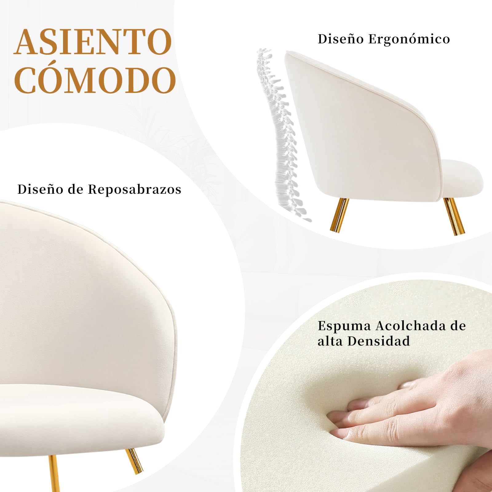 Hellove Silla para Tocador Maquillaje with Gold Metal Legs, Butaca Dormitorio con Respaldo Curvado, Silla Ocio, Sillón de Hogar Moderno, Tapizada Terciopelo para Sala de Estar/Salon, Beige