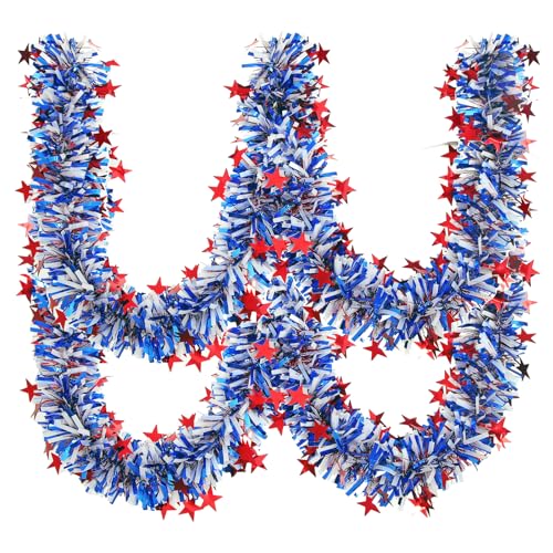 Image of 33FT 4th of July Patriotic Tinsel Garland Red White Blue Metallic Twist Foil Tinsel Garland with Star Shiny Hanging Decorations for Independence Day Memorial Day Celebration Party Decoration