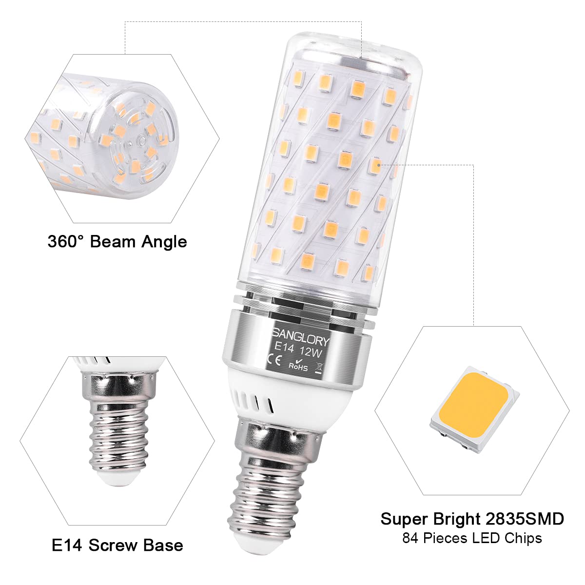 SanGlory Lampadine LED E14 Luce Calda, 12W equivalente a 100W Incandescenza, Bianco Calda 2700K Lampadina Mais E14, Non Dimmerabile Nessun Sfarfallio Risparmio Energetico Lampade, Pacco da 4