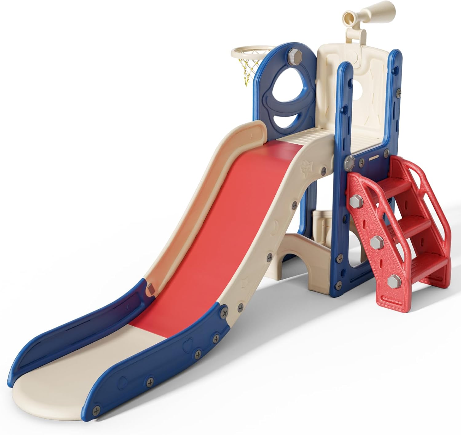 6 in 1 Toddler Slide for Toddlers Age 1-3, Extra-Long Slide with Basketball Hoop Indoor and Outdoor Baby Climber Playset Playground Freestanding Slide (Small, Red+Blue)