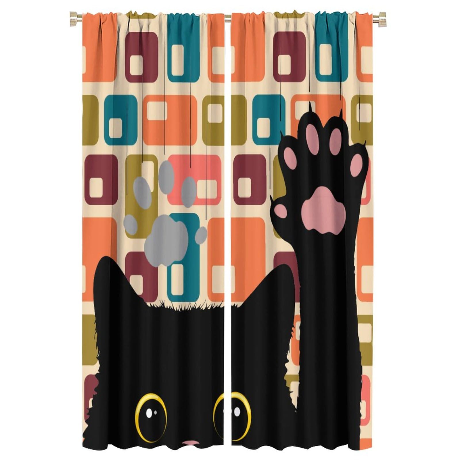XBDDZSW Funny Cat Cute Cartoon Kids Curtains Modern Retro Boho Minimalism Abstract Geometric Background Kids Bedroom Living Room Decorative Blackout Curtains W42 * L63inch