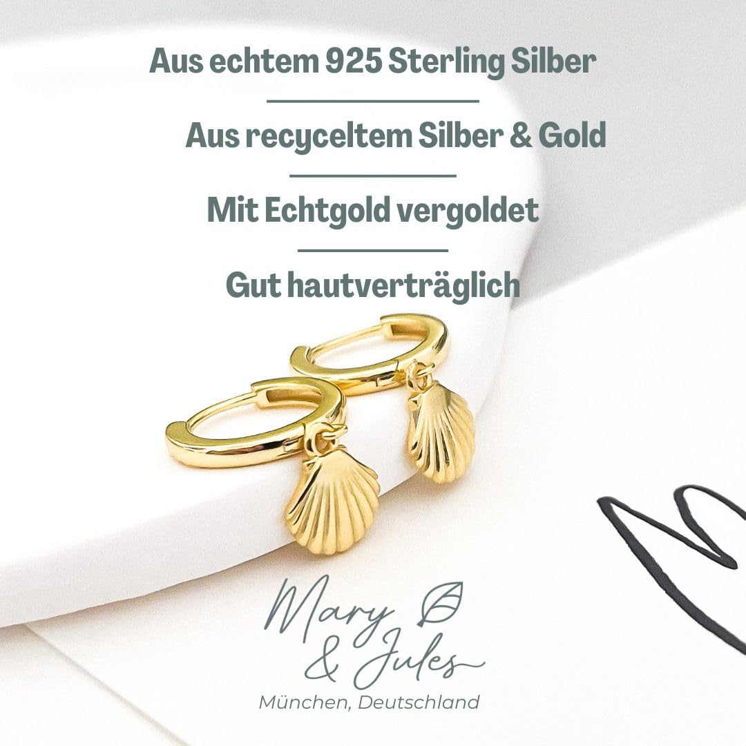 Mary & Jules Muschel Ohrringe Gold hängend, 925 Sterling Silber, vergoldet, aus reyceltem Silber, Creolen Gold mit hübschen Muschel Anhänger, Sommer Ohrringe Gold Creolen