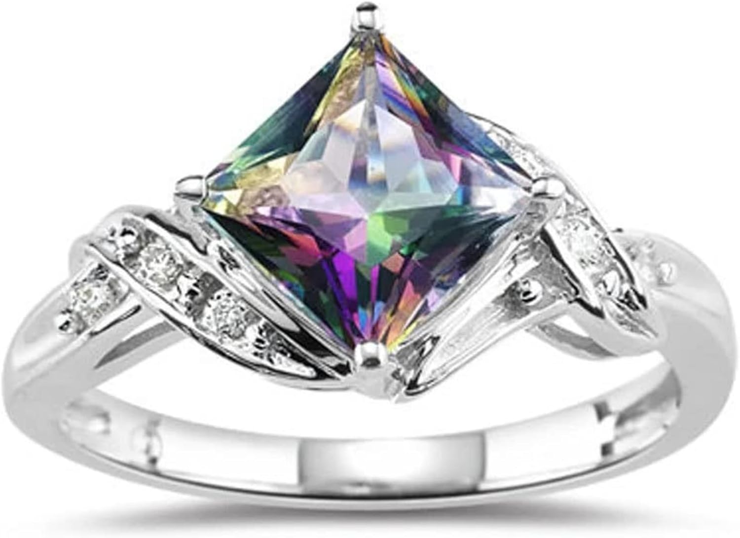 Silver Plated Princess Cut Created Amethyst Garnet Pink Topaz CZ Cubic Zirconia Filled Halo Wedding Engagement Promise Eternity Band Elegant Women's Ring for Mom Bridal Lover