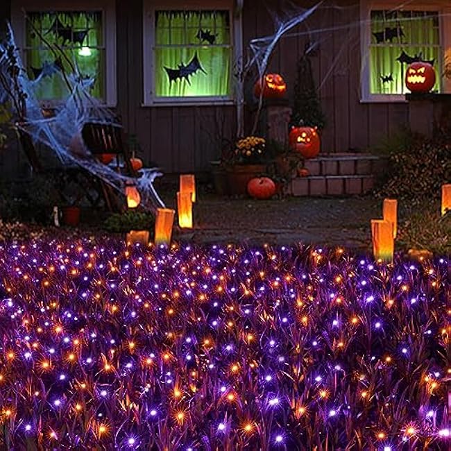 Joomer 12ft x 5ft 360LED Orange Purple Halloween Net Lights Outdoor Mesh lights, 8 Modes Timer Connectable Waterproof Bush Lights Mesh Netting Lights for Halloween Outdoor Decorations (Green Wire)