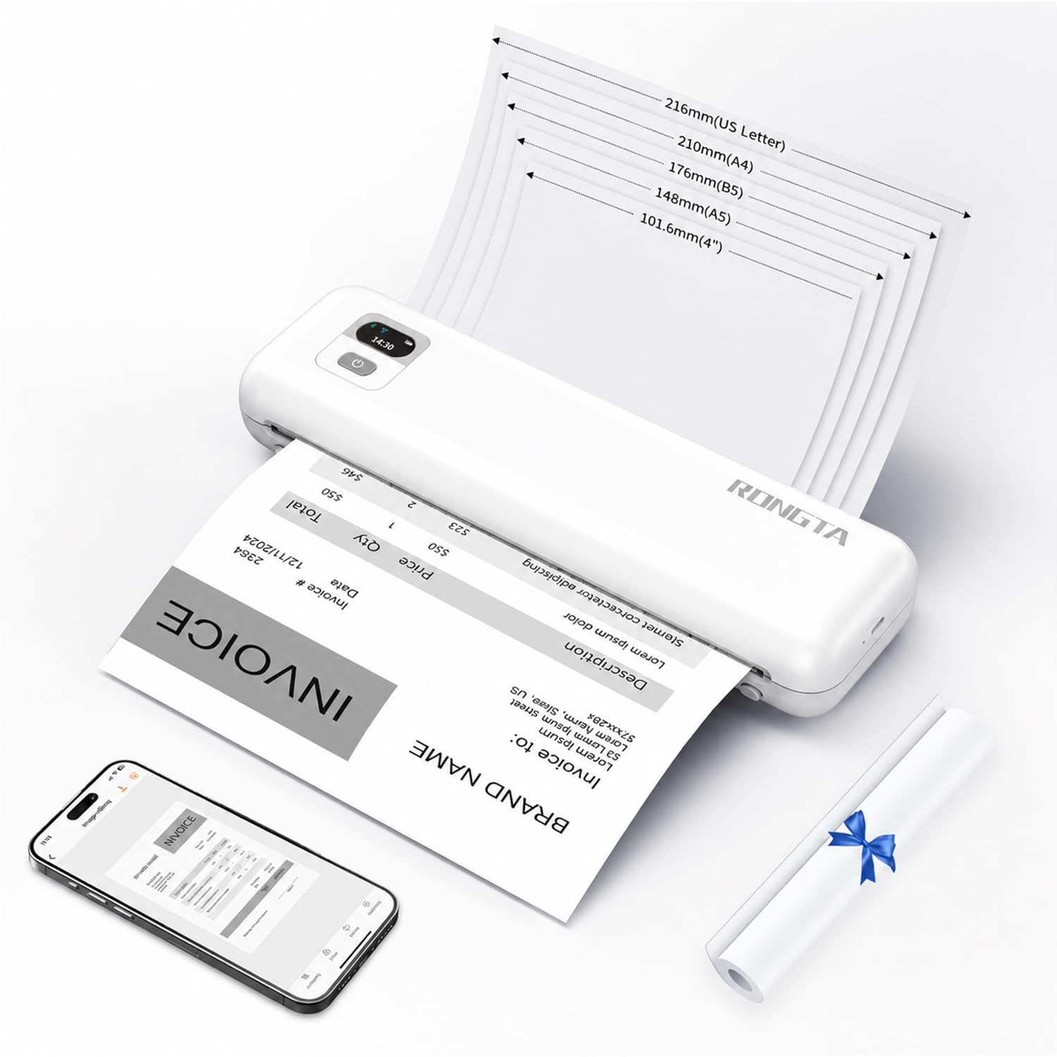 Rongta Stampante termica portatile F82 da 300 DPI, stampanti senza inchiostro wireless con WiFi/Bluetooth, supporto US Letter/A4/A5/B5 carta termica e etichette da 2-4 pollici, compatibile con