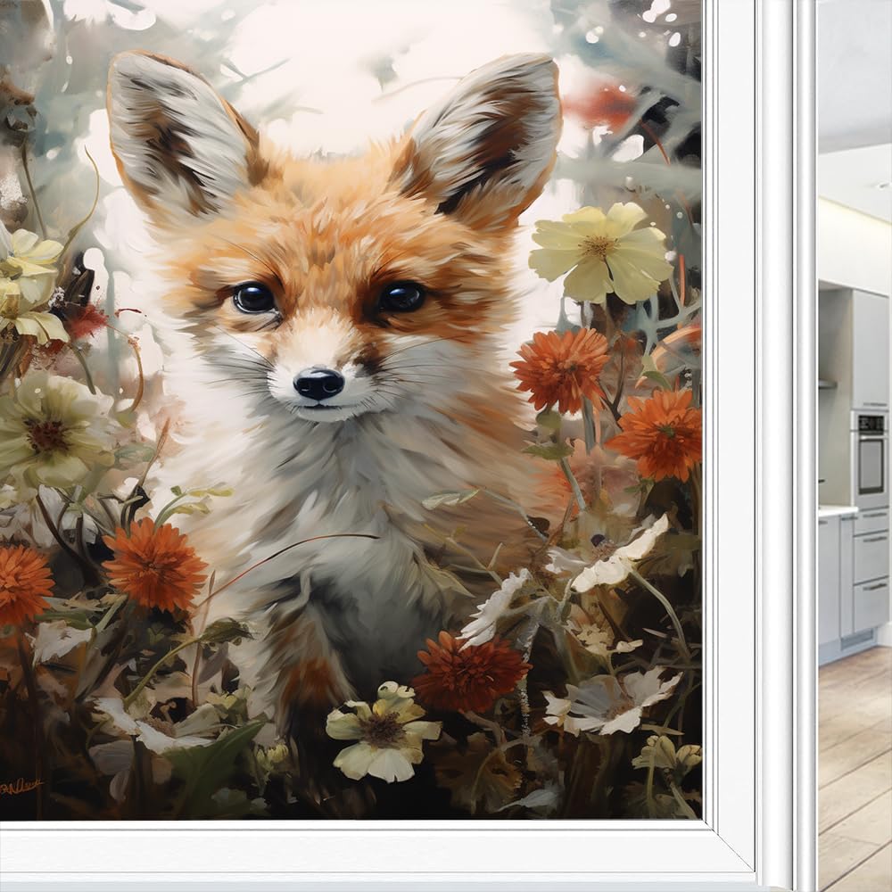 Forest Fox Window Film Privacy Rustic Floral Botanical Red Animal Window Clings for Glass Decorative Stickers Static Cling Sun Blocking Coverings 60x90 cm