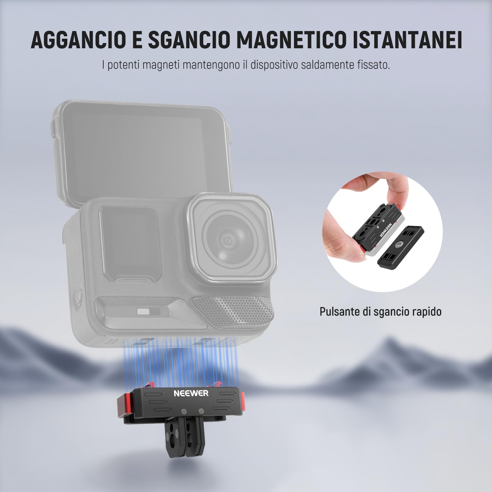NEEWER Supporto Sgancio Rapido Compatibile con Insta360 X5 X4 X3 AcePro AcePro 2, Adattatore Magnetico con Vite 1/4" e Foro Filettato, Attacco 2 Punte Compatibile con GoPro Accessori Action Cam, GP-88