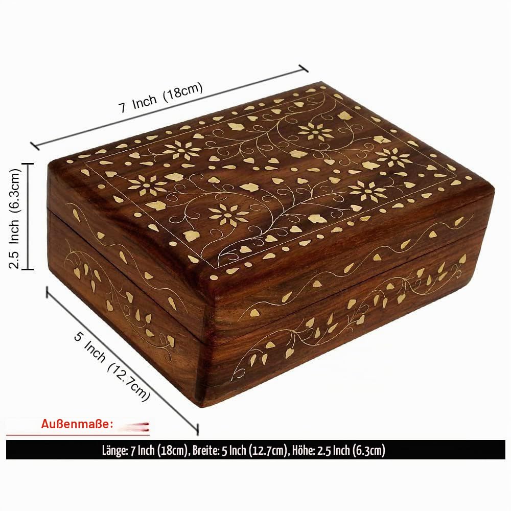 Ajuny Handgeschnitzte Dekorative Schmuck Aufbewahrungsbox aus Holz Blumenstil Messingeinlage Mehrzweck für Andenken Reise Schatztruhe Schmuckhalter Geschenke, 7x5 Zoll