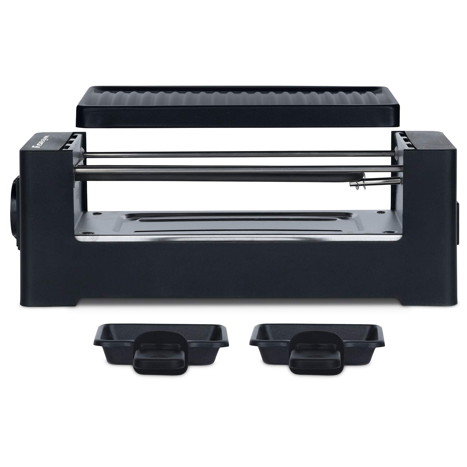 Wëasy Appareil à Raclette 2 Personnes TIK12, Multifonction 2 en 1 Raclette et Grill, Connectable avec TAK12 et Jusqu'à 4 Appareils, Antiadhésif, Noir