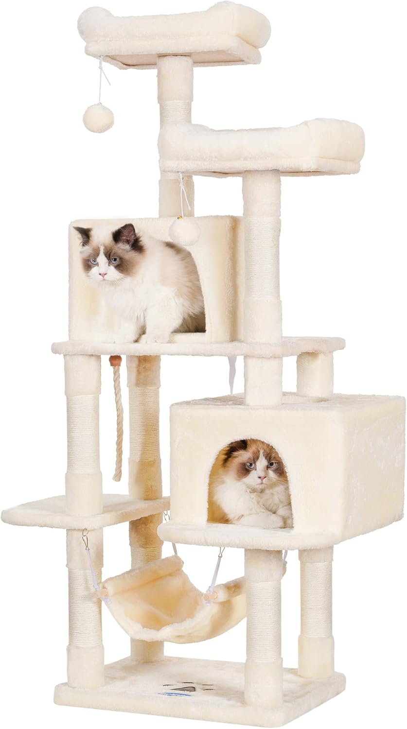 Hey-brother Multi-Level Cat Tree Condo Furniture with Sisal-Covered Scratching Posts, 2 Plush Condos, Perch Hammock for Kittens, Cats and Pets, Beige MPJ020-SM 19.7"×15.0"×57.1" Beige