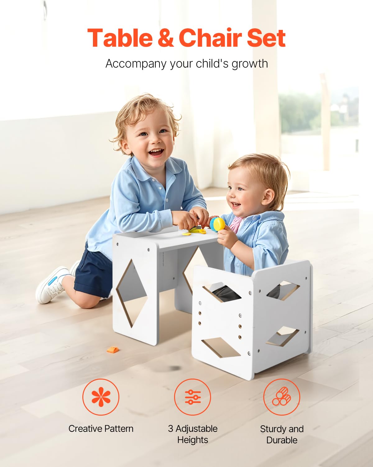 VEVOR Montessori Tisch Stuhlset Kleinkindertischset (1 Tisch + 1 Stuhl) aus Holz für 1–5-Jährige, höhenverstellbarer Aktivitätstisch Spieltisch für Kinder, ideal zum Lesen Essen Spielen – Weiß