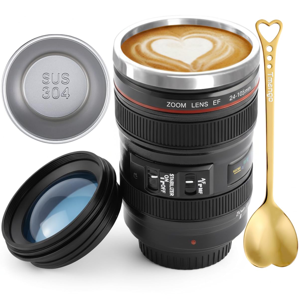 Camera Lens Coffee Mug with Clear Lid and Spoon – Lightweight Lens Cup Replica, Gift for Photographers