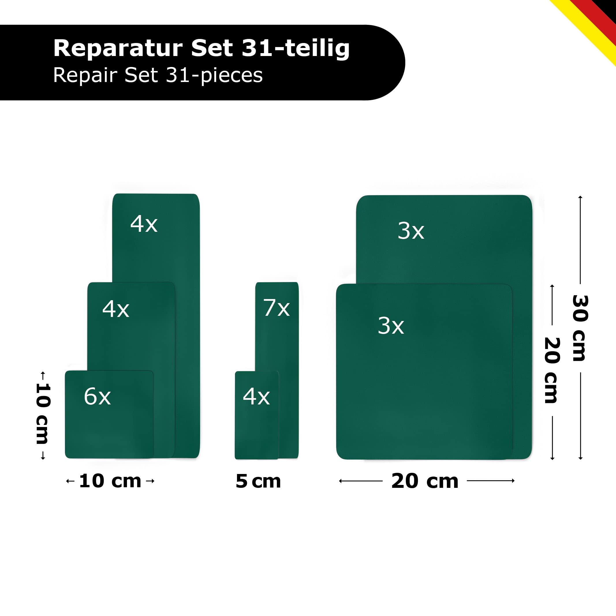 Generisch Planen-Reparatur-Set 31-teilig – Wasserdichte Reparatur-Pflaster in verschiedenen Größen selbstklebend für LKW-Plane, PVC-Plane, Markise, Zelt (RAL 6026 grün)