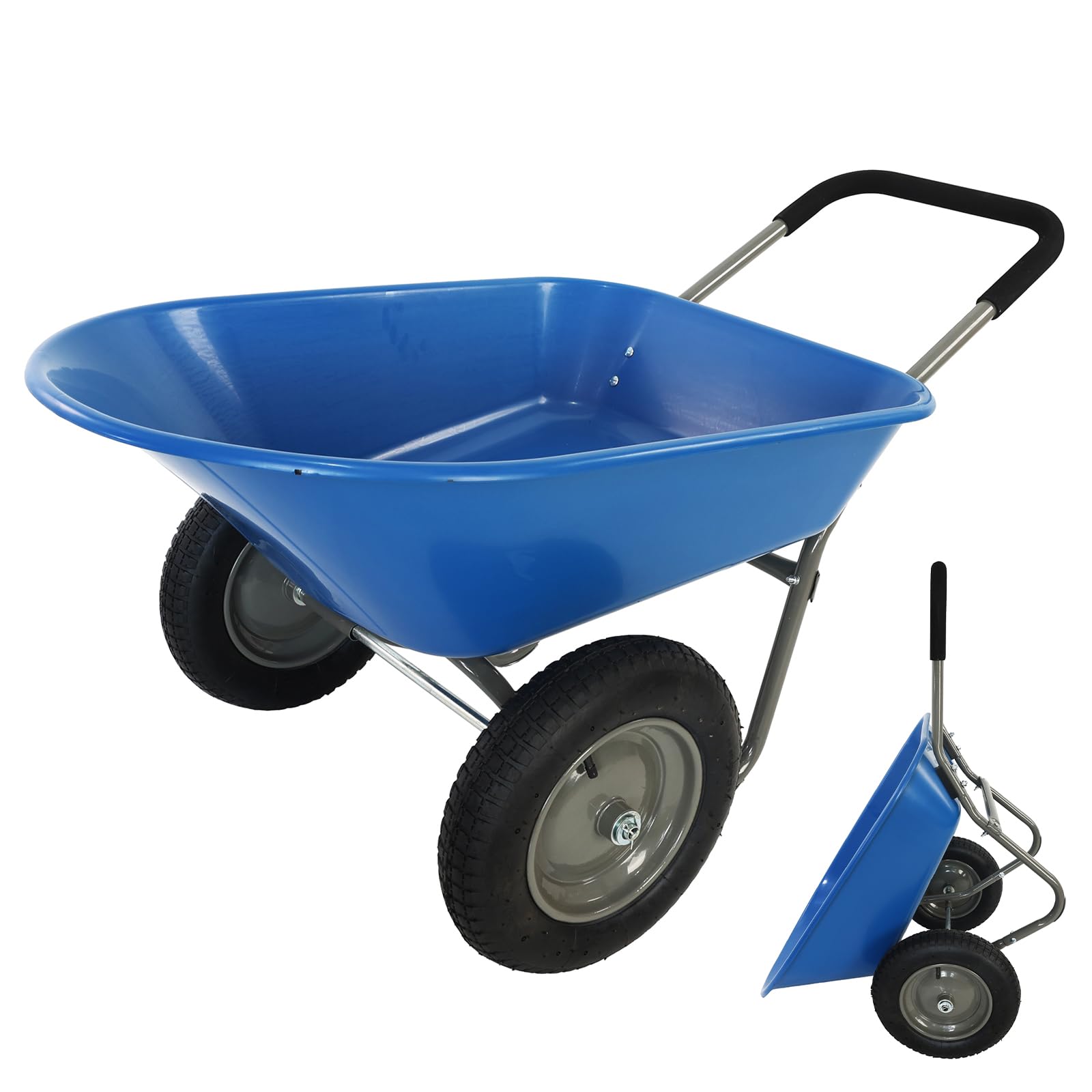 Dual Wheel Garden Wheelbarrow,Heavy Duty Yard Cart with 10“/15" Pneumatic Tires, Rustproof Poly Tray & Steel Handle, 300 lbs Capacity Utility Cart for