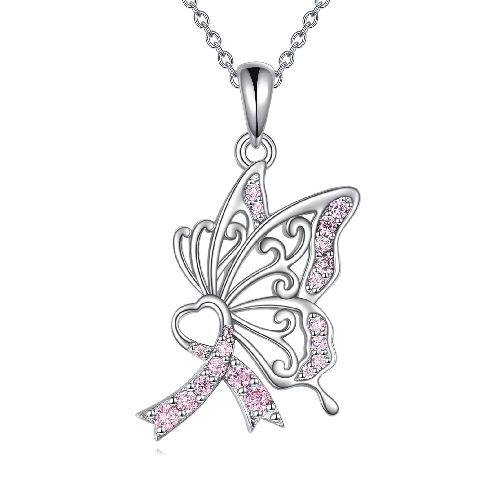 YAFEINI Brustkrebs Bewusstsein Kette 925 Sterling Silber Krebs Überlebenden Schmuck Geschenk für Damen Rosa Schmetterling Schleife Anhänger Halskette