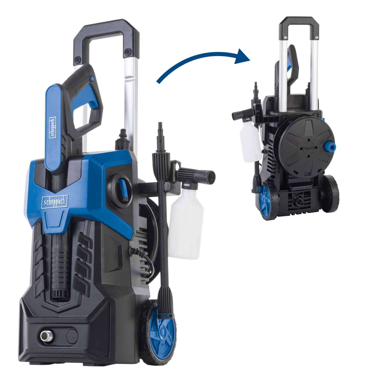 Scheppach Idropulitrice SHD150 con accessori, sistema Quick Connect e | portata 420 l/h, lunghezza tubo/cavo 5 m, sistema Quick Connect e funzione di aspirazione, manico estensibile