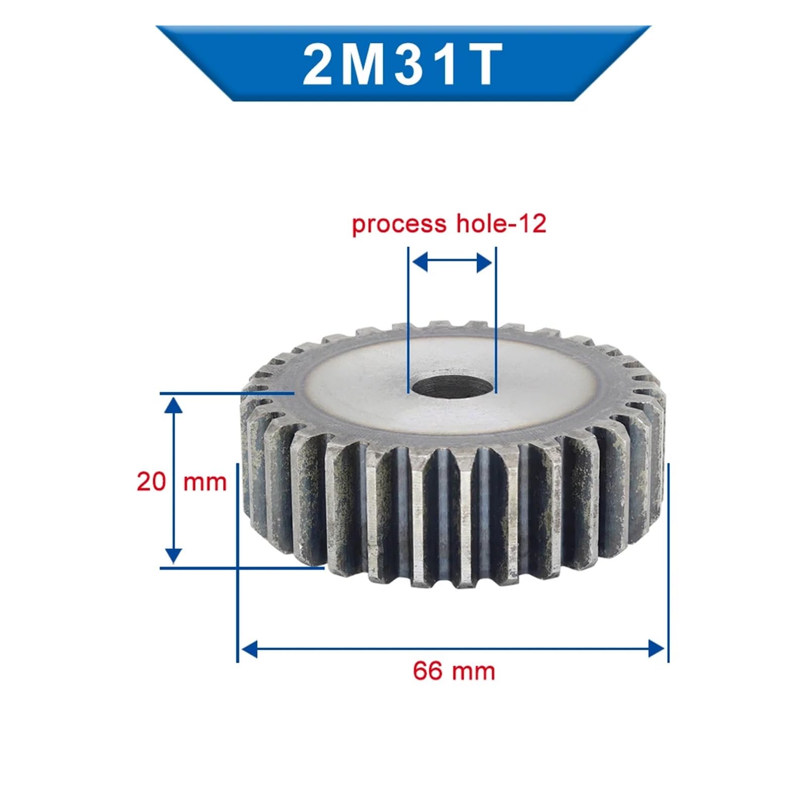 Cylindryczne koło zębate 2M30T/31T/32T/33T stal niskowęglowa o wysokiej częstotliwości, zębatka płaska, wysokość zębów 20 mm, otwór wewnętrzny 12 mm (31 zębów)