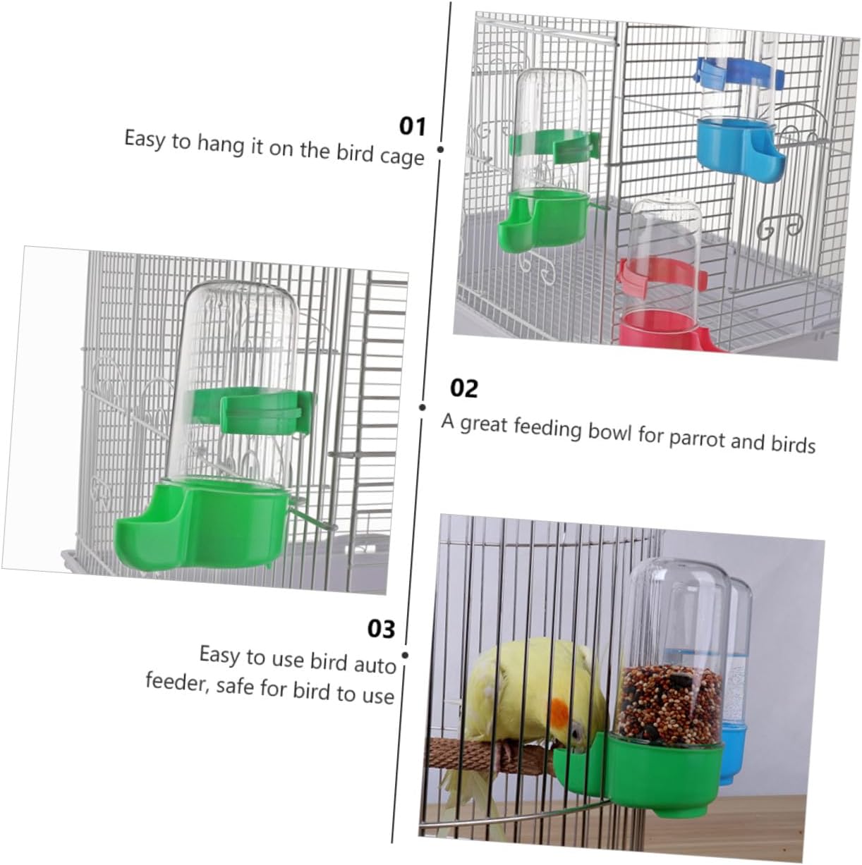 Parrot Cage Water Drinker Bird Water Bottle Automatic Feeder Dispenser with Multi-Color Bowls for Cage and Aviary Use