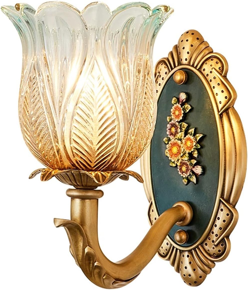 HYJAUSXB European Wall Light Fashion Beautiful Copper Antique Lamp Carved Retro Glass Living Room Bedroom Bedside Sconces, Pendant