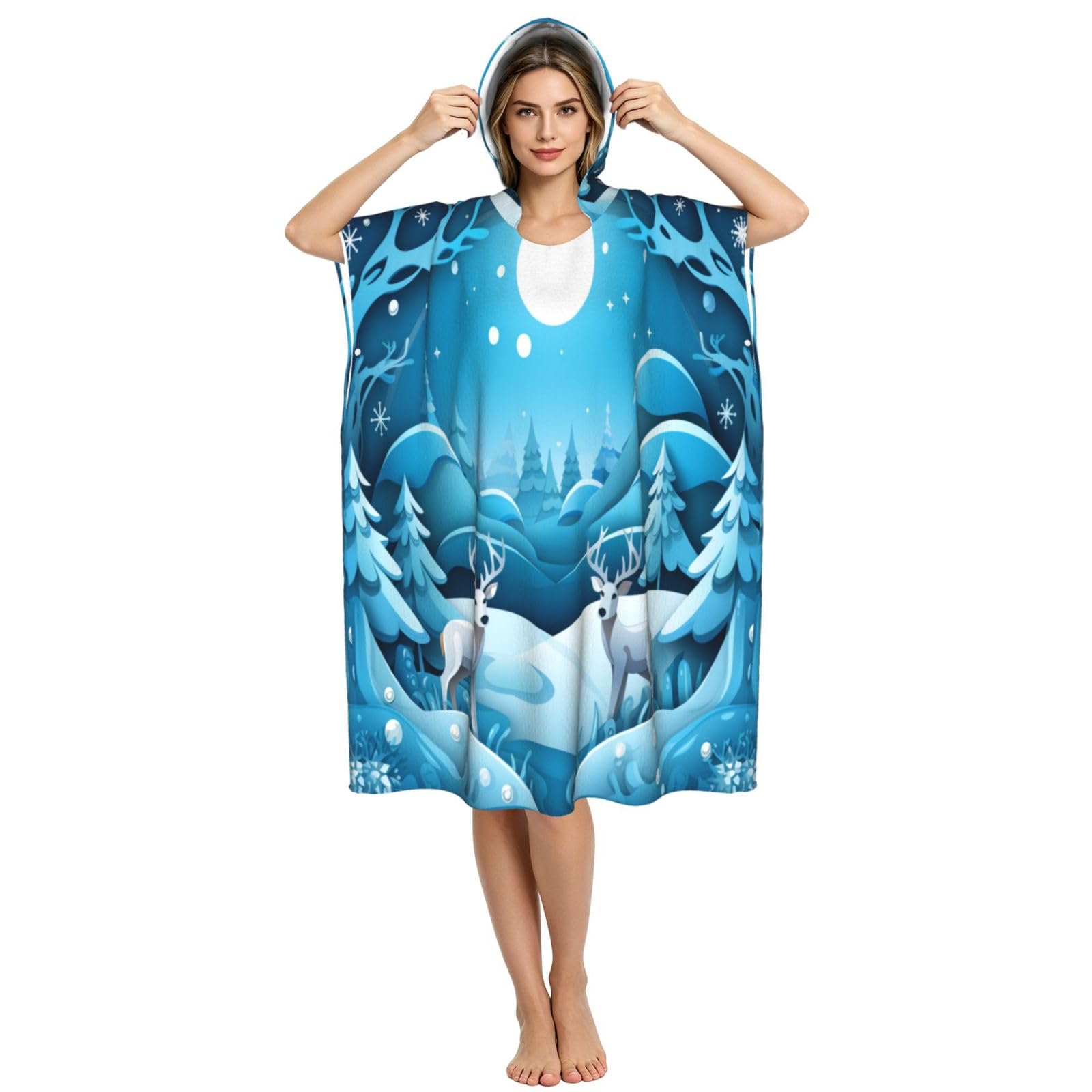 Poncho de plage à capuche pour adulte Motif forêt d'hiver 109 x 89 cm
