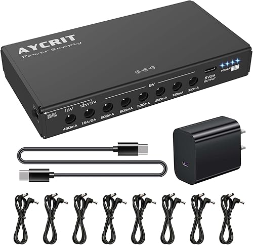 Nueva versión Fuente de alimentación de pedal de guitarra AYCRIT recargable, 12800 mAh, 9 salidas 9V2A12V1.5A18V450mA y puerto 5V2A tipo C para