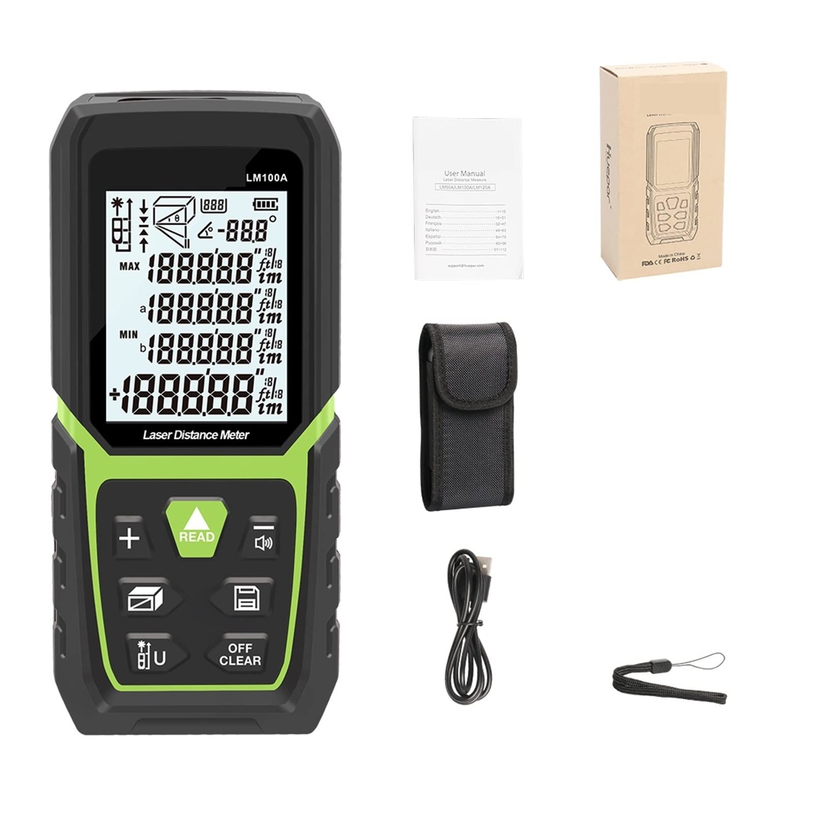 medidor de distancia láser, Telémetro láser Medidor de distancia 330Ft/100M LCD retroiluminado Medida láser M/In/Ft con batería de iones de litio Sensor de ángulo eléctrico Medir distancia, área y vol