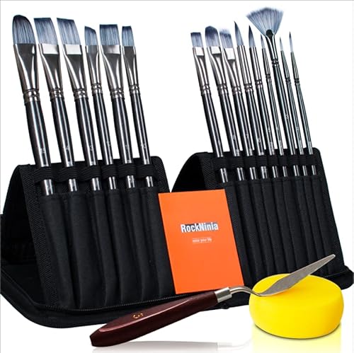 Rock Ninja Paint Brush Set, 17Pcs Artist Paint Brushes Includes Pop-up Carrying Case,for Acrylic, Oil, Watercolor, Creative Body Paint, Decorating and Gouache Painting Grey