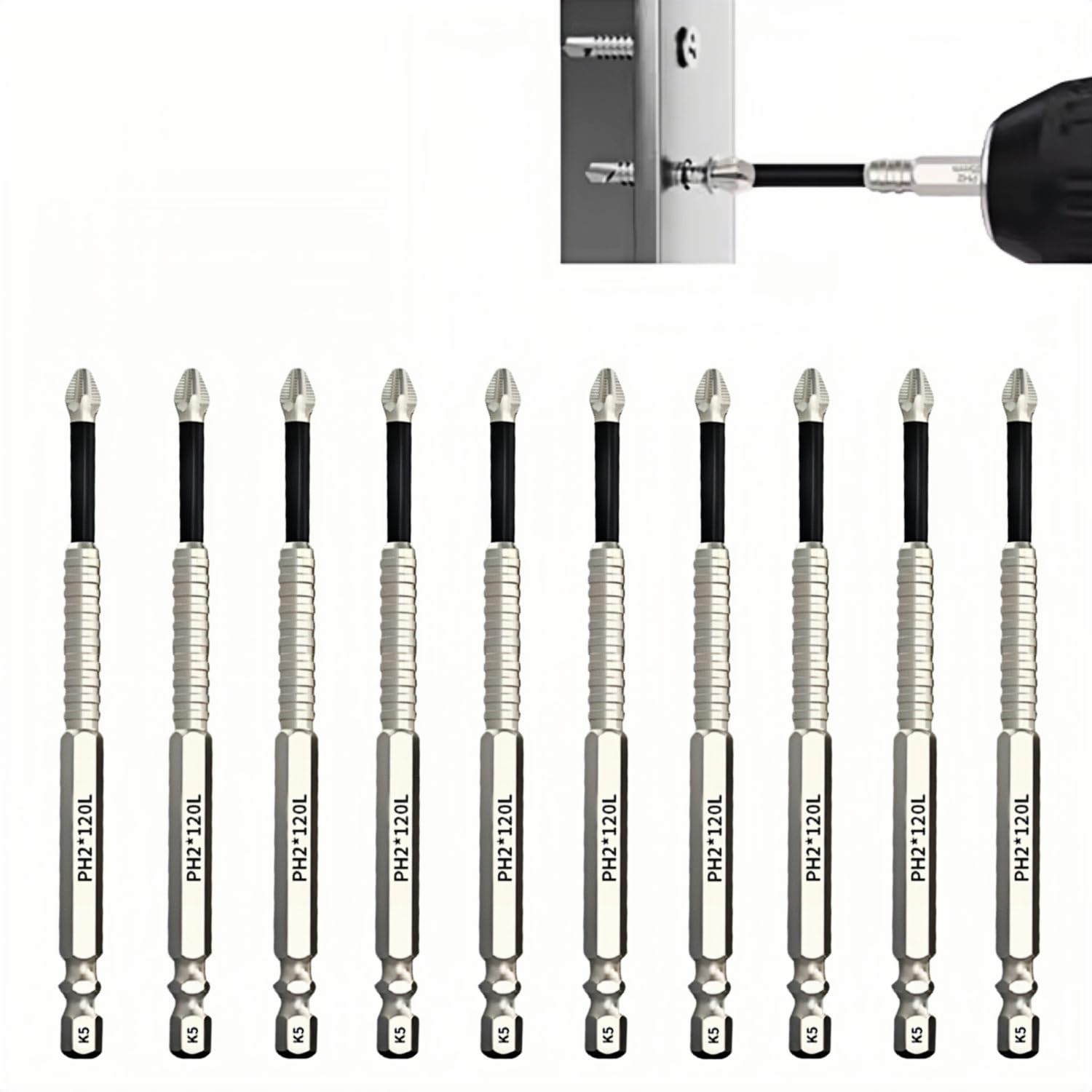 MiJunHD Impact Phillips Screwdriver Drill Bit Set K5 High Magnetic Anti Slip PH2 Screwdriver Bits 1/4 inch 6.35mm Hex Shank Cross Screwdrivers 10Pcs 120mm