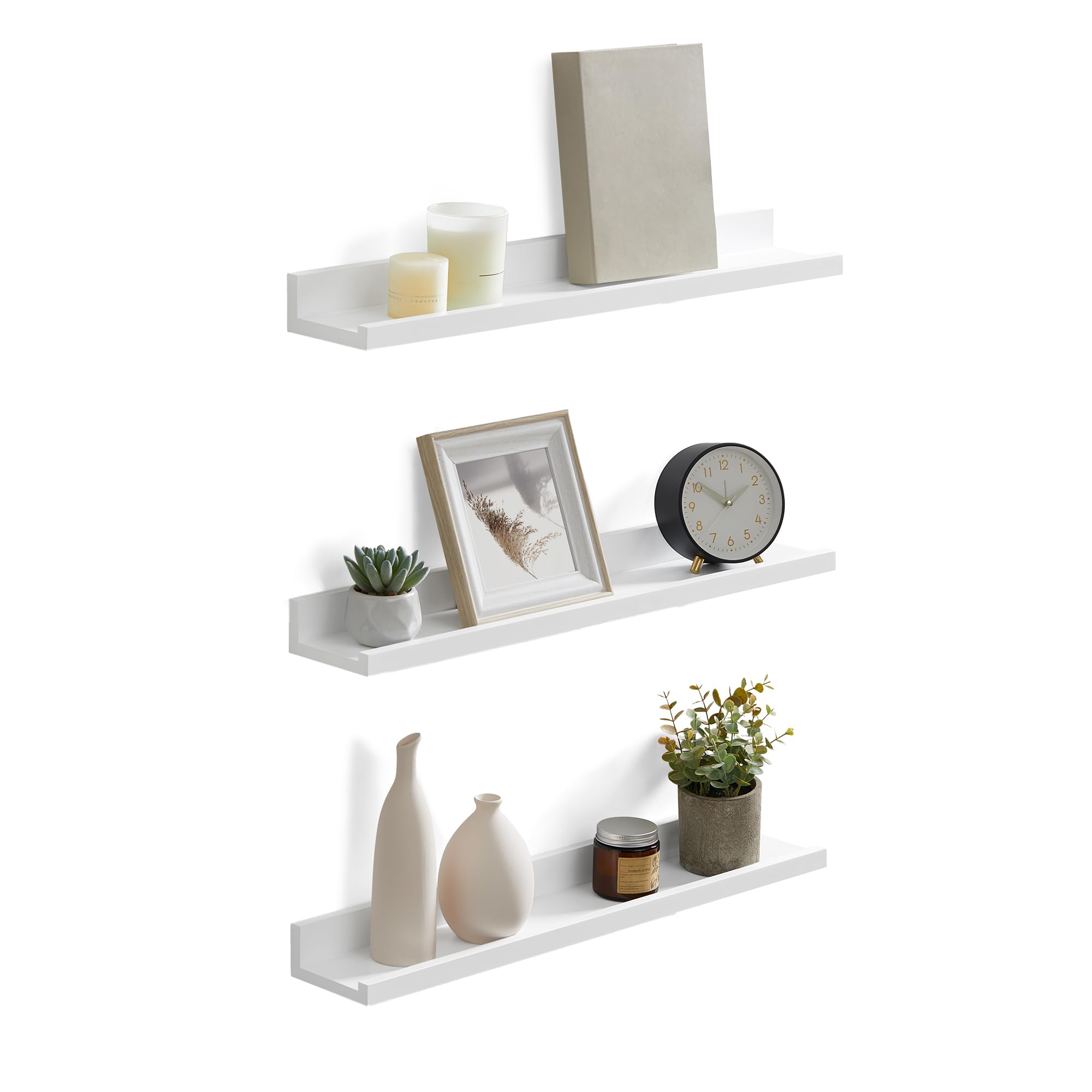 SONGMICS Floating Shelves, Set of 3 Wall Shelves, 23.6-Inch Wide, for Photo Frames and Trinkets, for Living Room, Home Office, Kitchen, Bathroom, White ULWS061W01 23.6"W White