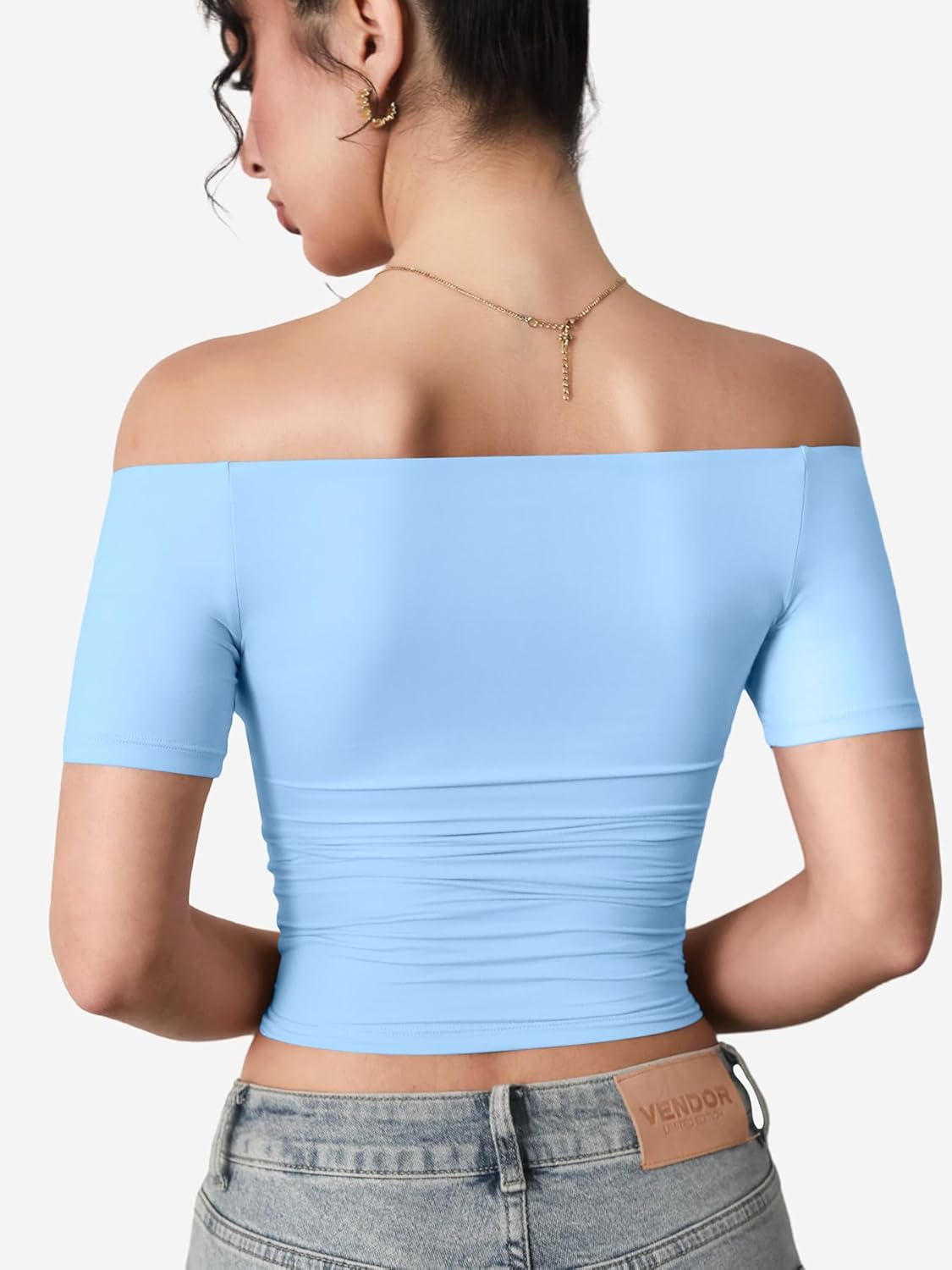 YEOREO Sophie Women Off Shoulder Crop Top Summer Short Sleeve T-Shirts Y2K Double Lined Fit Basic Tee Going Out Cute Tops - Image 4